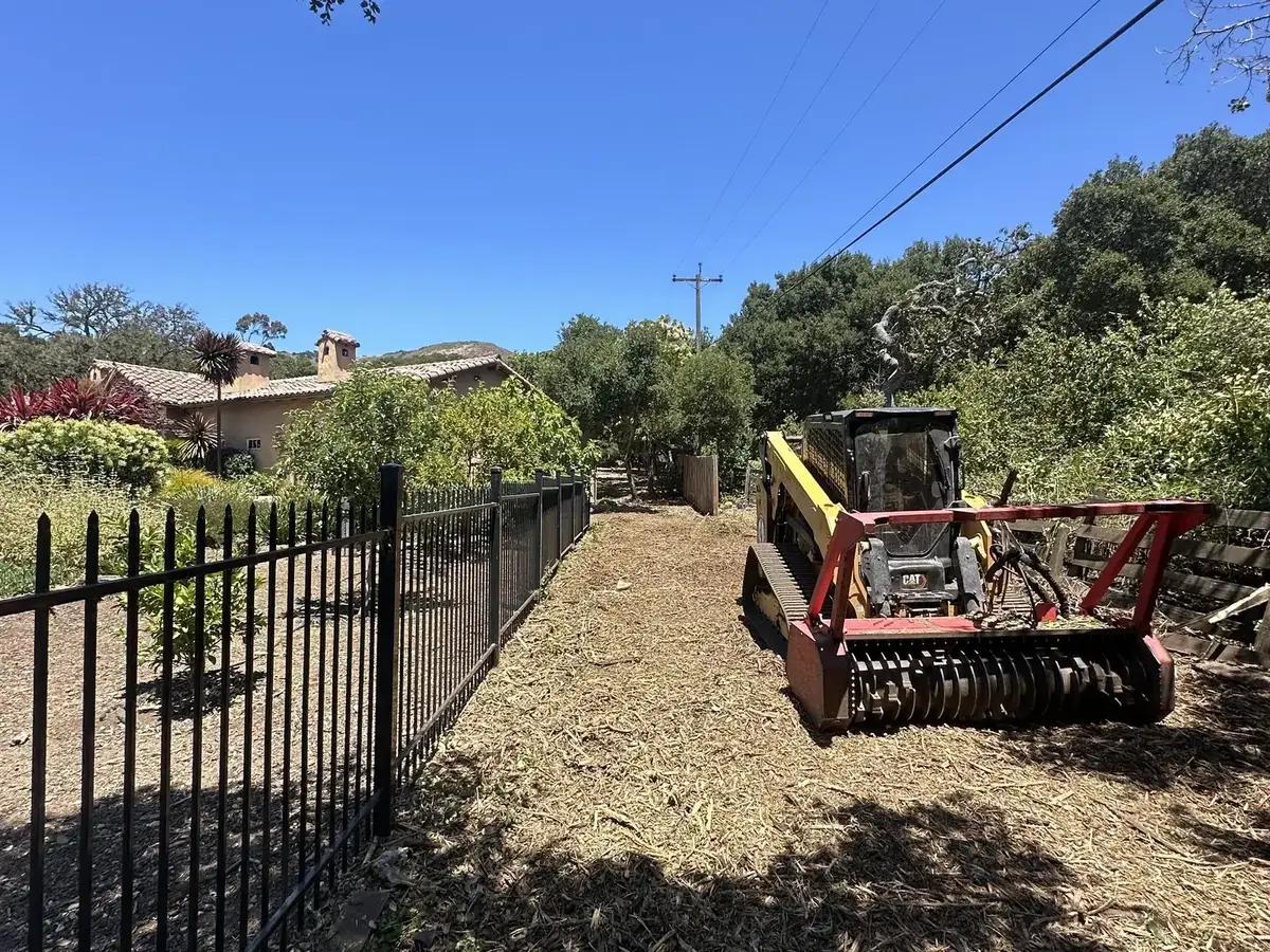 Compact track loader with a red masticating head on a freshly cleared strip beside an iron fence, brush clearing along the fence line